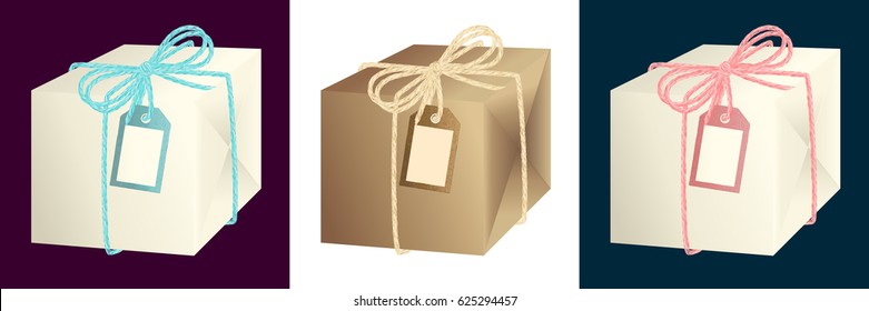 White paper gift box set tied with light linen string and double bow vector illustration in light blue pink and brown.