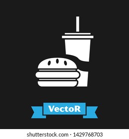White Paper glass with drinking straw and burger icon isolated on black background. Soda aqua drink sign. Hamburger, cheeseburger sandwich.  Vector Illustration