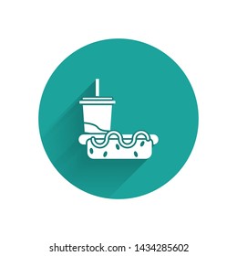 White Paper glass with drinking straw and hotdog icon isolated with long shadow. Soda aqua drink sign. Hamburger, cheeseburger sandwich. Green circle button. Vector Illustration