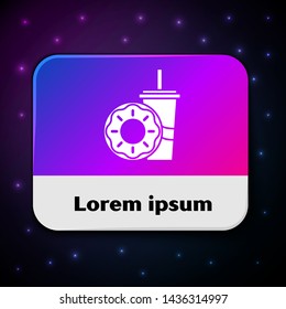 White Paper glass with drinking straw and donut icon isolated on black background. Soda aqua drink sign. Fast food menu. Rectangle color button. Vector Illustration