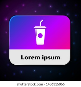 White Paper glass with drinking straw and water icon isolated on black background. Soda drink glass. Fresh cold beverage symbol. Rectangle color button. Vector Illustration
