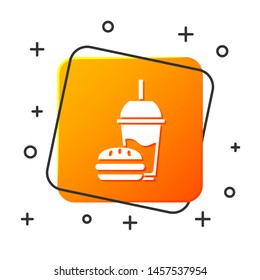 White Paper glass with drinking straw and burger icon isolated on white background. Soda aqua drink sign. Hamburger, cheeseburger sandwich. Orange square button. Vector Illustration