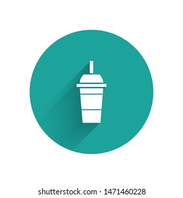 White Paper glass with drinking straw and water icon isolated with long shadow. Soda drink glass. Fresh cold beverage symbol. Green circle button. Vector Illustration