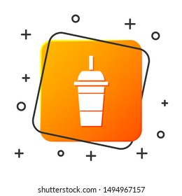 White Paper glass with drinking straw and water icon isolated on white background. Soda drink glass. Fresh cold beverage symbol. Orange square button. Vector Illustration