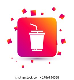 White Paper glass with drinking straw and water icon isolated on white background. Soda drink glass. Fresh cold beverage symbol. Square color button. Vector