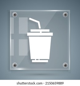 White Paper glass with drinking straw and water icon isolated on grey background. Soda drink glass. Fresh cold beverage symbol. Square glass panels. Vector