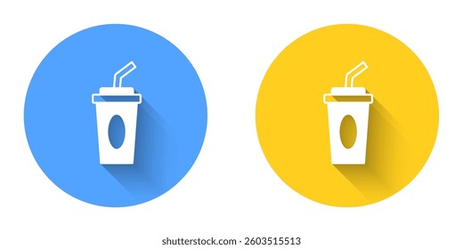 White Paper glass with drinking straw and water icon isolated with long shadow background. Soda drink glass. Fresh cold beverage symbol. Circle button. Vector