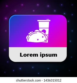 White Paper glass and taco with tortilla icon isolated on black background. Soda aqua drink sign. Hamburger, burger, cheeseburger sandwich. Rectangle color button. Vector Illustration