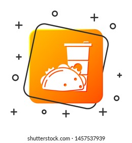 White Paper glass and taco with tortilla icon isolated on white background. Soda aqua drink sign. Hamburger, burger, cheeseburger sandwich. Orange square button. Vector Illustration