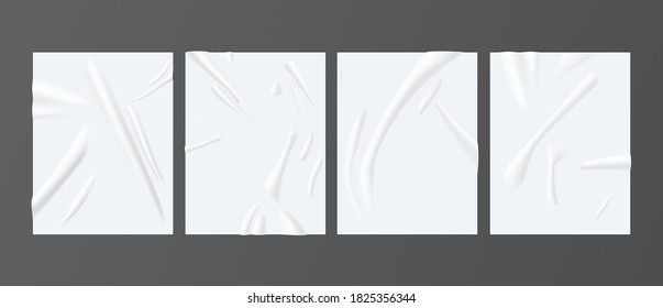 White paper glued realistic mockups set. Wrinkled, crumpled vertical posters. Place for text. Wet empty sheets blank templates. Vector paper glued collection illustration isolated on dark background.