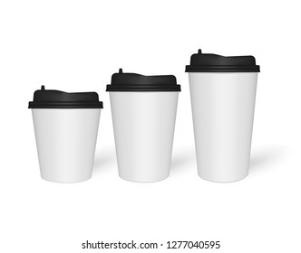 White paper to go coffee cups different sizes, mock-up. Take away drink mug set, mockup. Vector template.