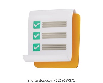 A white paper with green check marks icon on 3d render