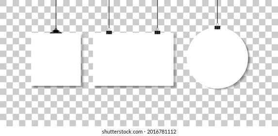 White paper hanging on binders with black rope with drop shadow. Vector illustration on checkered background
