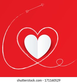 Corazón de papel blanco con trayectoria de flecha. Tarjeta de San Valentín sobre fondo rojo. Corta de papel. Ilustración del vector