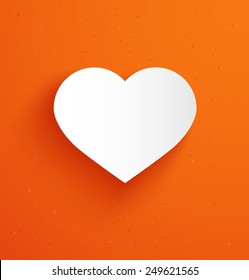 White paper heart icon with shadow on orange background. Vector illustration