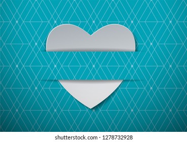 White paper heart on light blue pattern background, Vector illustration