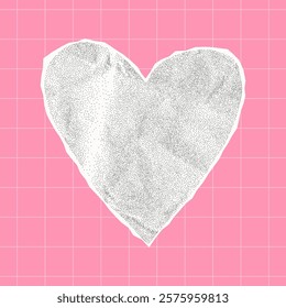 White paper heart on pink checkered background with crumpled gritty texture, jagged torn edges, halftone sticker, love and romance collage