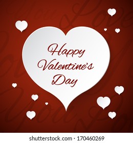 White paper heart on red textured background. Valentines day greeting card