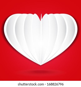 white paper heart origami vector on red background