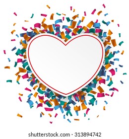 White paper heart rectangle with colored confetti on the white. Eps 10 vector file.
