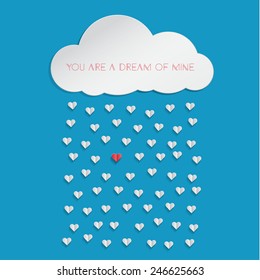 White paper hearts from paper cloud with drop shadows on blue background. Vector illustration