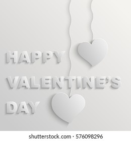 White paper hearts with drop shadow on white background. Happy Valentine's day. Template for card and invitation. Vector Illustration.