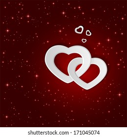White paper hearts on a red background and stars, illustration.