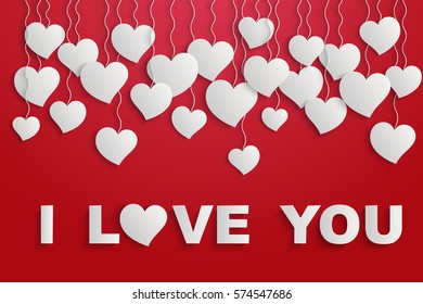 White paper hearts on red background. I love you. Happy Valentine's day. Template for card and invitation. Vector Illustration.