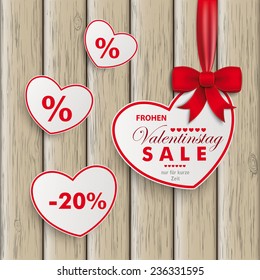 White paper hearts with red ribbon on the white background. German text "Frohen Valentinstag, nur fuer kurze Zeit", translate "Happy Valentines Day, limited Time Offer". Eps 10 vector file.