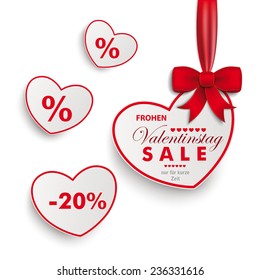 White paper hearts with red ribbon on the white background. German text "Frohen Valentinstag, nur fuer kurze Zeit", translate "Happy Valentines Day, limited Time Offer". Eps 10 vector file.