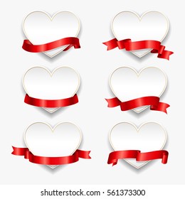 White paper hearts with red ribbons. Vector illustration. Template for valentines day or weddings design