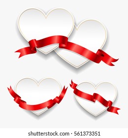 White paper hearts with red ribbons. Vector illustration. Template for valentines day or weddings design