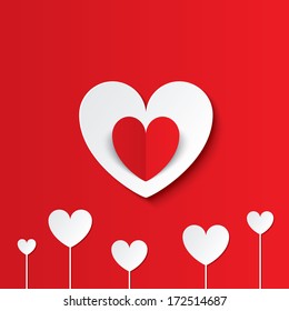 White paper hearts Valentines day card on red background. Flowers with hearts concept . Cut from paper. Vector illustration