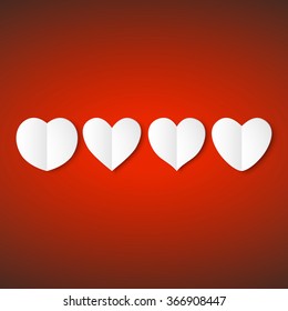 White paper hearts, Valentines day card on red background, vector illustration.