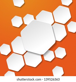 White paper hexagon labels with orange background.