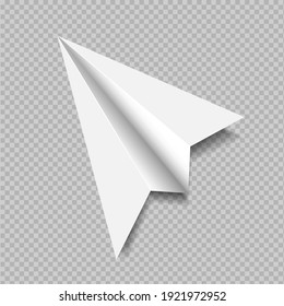 White paper homemade airplane on a transparent background. Isolated vector object