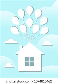 A white paper house flies on balloons in a blue sky among the clouds. Ideal for illustrating moving to a new home and selling houses. Vector illustration.