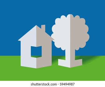 The white paper house and paper tree