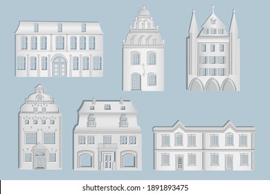 White paper houses set on the gray background. Origami city houses with windows and door for real estate banner, house insurance poster, repair, construction, sale infographic. Paper cut design.Vector