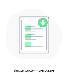 White paper icon, ICO startup main investment document, company strategy, brief, development product plan. Flat outline modern vector illustration with downloading green arrow.