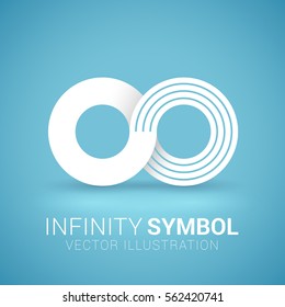 White paper infinity symbol. Logo design element. Isolated on blue background. Free space for text. Vector illustration.