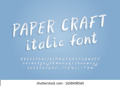 White paper italic alphabet. Flying 3D vector font, realistic paper cut out style. Uppercase and lowercase letters, numbers, punctuation marks and symbols