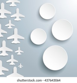 White paper jets with 4 paper circles on the gray background. Eps 10 vector file.
