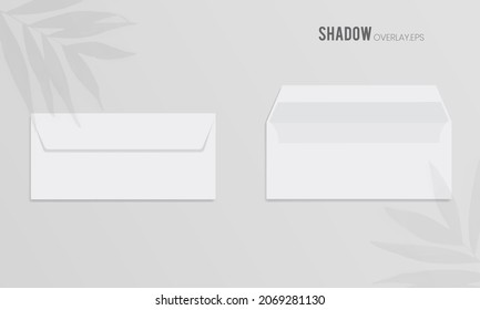 White paper letter envelope horizontal perspective with leaves shadow overlay illustration on isolated background