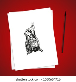 White paper list on red table and brushpen. Vector illustration. Simple template design. Mockup for sketches and drawings. Cow carcass engraving. Red beef hand made print.