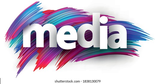 White paper media sign over multi-colored cold tone brush stroke background. Vector design element for web.