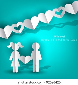 White  paper Men and Woman with heart on blue background. Vector illustration