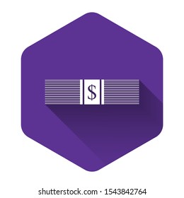 White Paper money american dollars cash icon isolated with long shadow. Money banknotes stack with dollar icon. Bill currency. Purple hexagon button. Vector Illustration