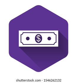 White Paper money american dollars cash icon isolated with long shadow. Dollar banknote sign. Purple hexagon button. Vector Illustration