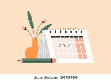 White paper monthly calendar and pencil on the desk. Planning, scheduling, time management concept. Organizing work tasks, daily events, business meetings. Isolated flat vector illustration